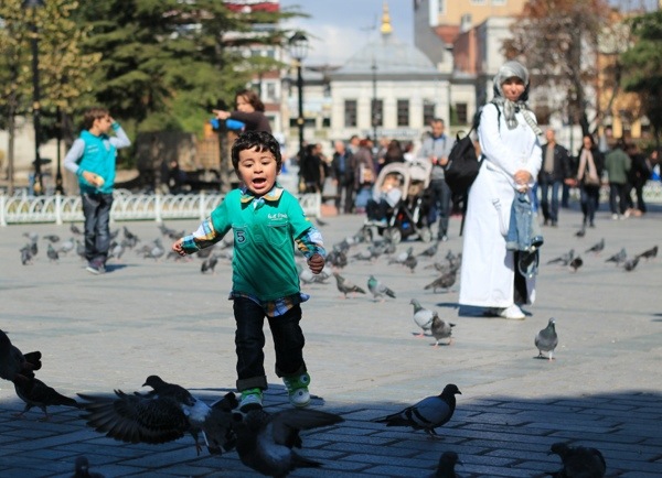 Hippodrome child with pigeons