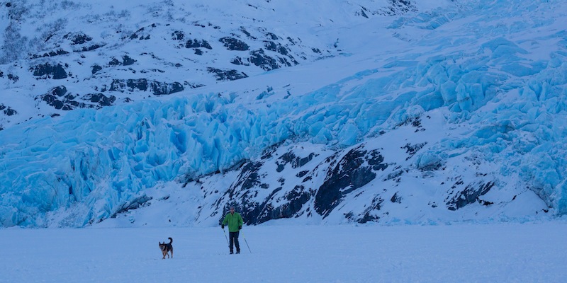 Cross country skier at Portage Glacier in Winter.