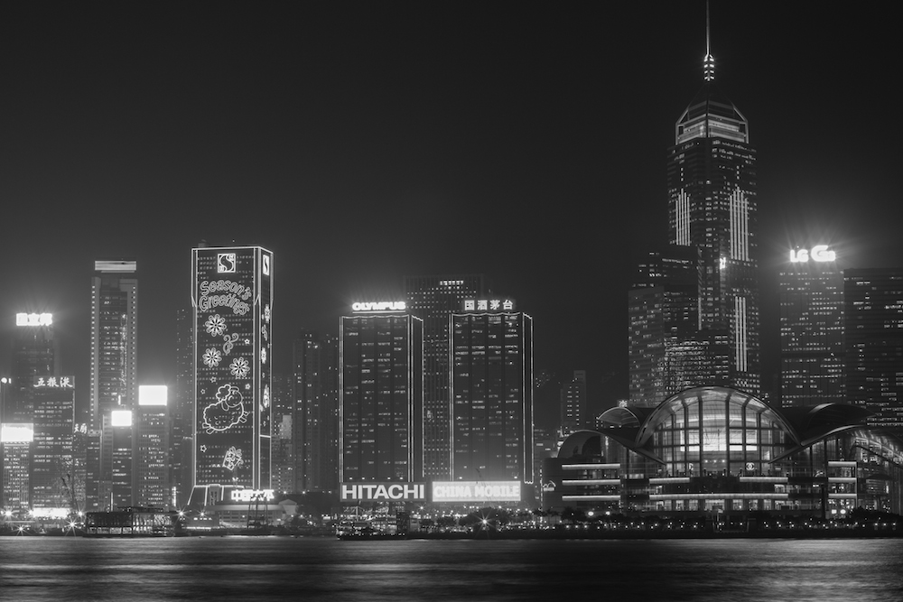 Hong Kong at night in black and white